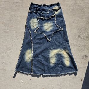 Frayed Star Panel Denim Maxi Skirt - Blue